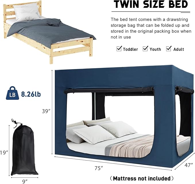 Bed Tent Bed Canopy Twin Size Tents for Adult and Kids - Portable Sleeping Bed Tents 80% Blackout with 4 Doors Breathable Private Space Tents(Mattress Not Included)