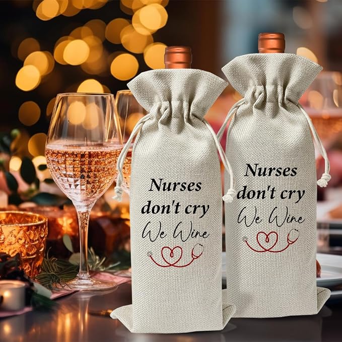 Nurse Don't Cry We Wine, Nursing School Graduation Gift Wine Bag, Med School Graduation Party Decoration Favors, Nurse Survival Kit Bag, Nurse Day Nurse Week Gift Bag For Women, Linen Wine Bag