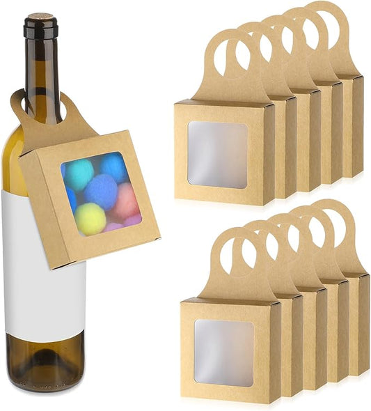 Sibba 10Pcs Kraft Paper Wine Bottle Box with Window Handles Hanging Foldable Gift Wine Boxes Empty Wine Bottles for Decoration Bottle Hanger Favor Box for Kitchen Dining Engagement Christmas