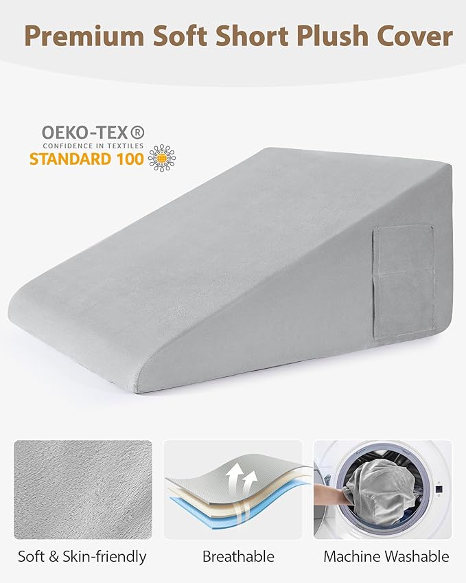 Wedge Pillow for Sleeping, 10 Inch Bed Wedge Pillow for After Surgery with Memory Foam Top, Triangle Pillow for Acid Reflux, Sleep Apnea, Heartburn, Back Pain Relief - Removable Cover Included