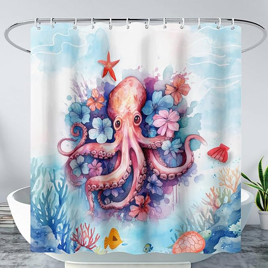 AILONEN Sea Octopuses Shower Curtain Set, Cartoon Octopus with Flowers Waterproof Fabric Shower Curtain,Watercolor Blue Ocean World Cloth Bath Curtain for Bathroom Decor with Hooks,48" Wx72 H