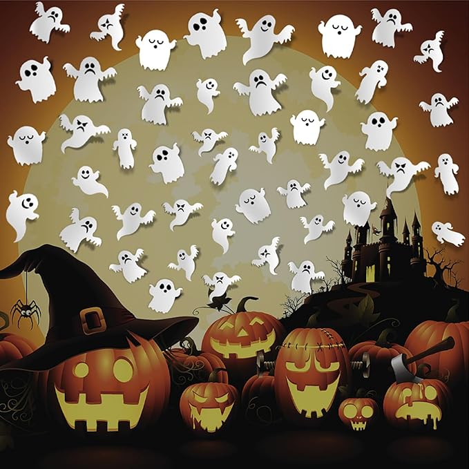 Halloween Wall Stickers 21Pcs Ghost Wall Decor 3D Self Adhesive Halloween Wall Decals Cute White Ghost Wall Decorations Reusable Window Stickers for Halloween Party Home Room Art DIY Accessories
