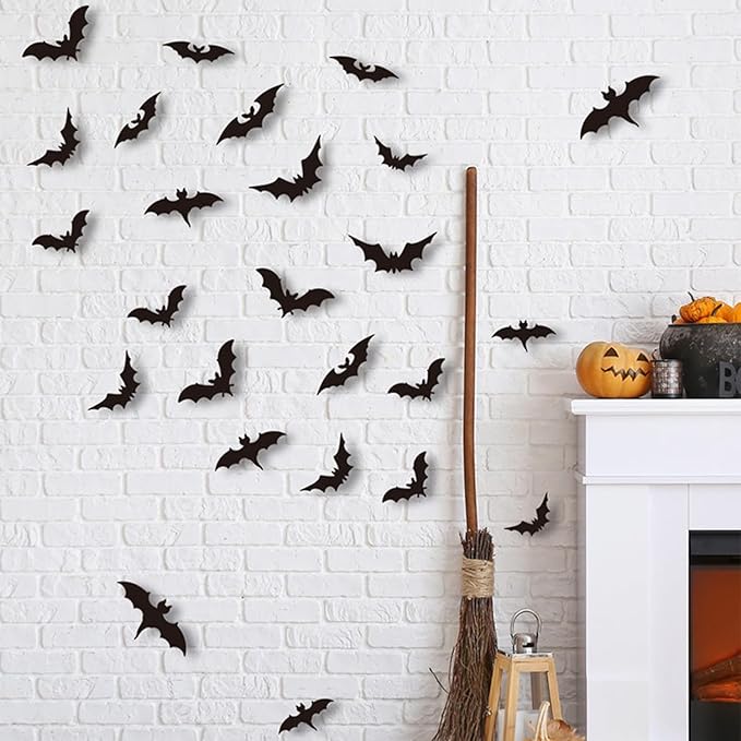 Halloween Window Clings Stickers Decoration 3D Stereoscopic Black Bat Spider Ghost Design Halloween Window Cling Decal Festival Decor Halloween Window Stickers for Kids Party Supplies Glass Decor
