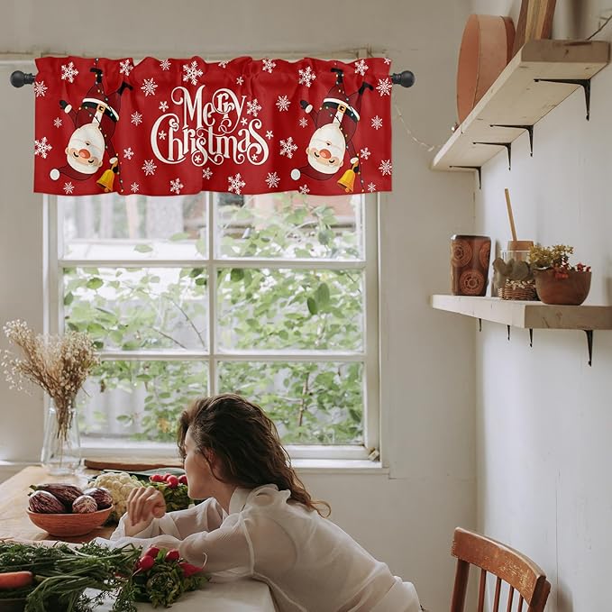 Red Merry Christmas Valance Curtains for Kitchen Windows Funny Hanging Santa Rod Pocket Window Treatment Toppers for Kitchen/Living Room/Bedroom/Bathroom, 42" X 12", Snow Winter Holiday