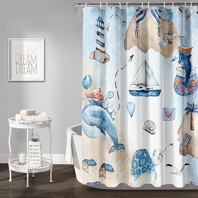 AILONEN Cartoon Dolphin Hower Curtain,Cute Sea Turtle Shower Curtain for Bathroom,Nautical Theme Bath Curtain,Watercolor Blue Waterproof Fabric Shower Curtain Set for Kids Girls,Boys,72" W*72" H
