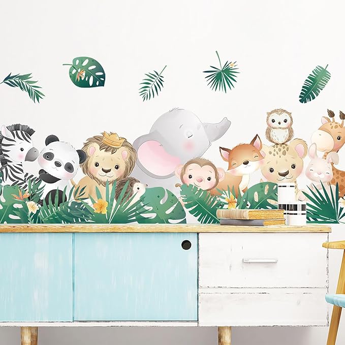 Cartoon Jungle Animals Wall Stickers Nordic Plants Zebra Panda Lion Elephant Monkey Wall Decals for Boy Kids Nursery Living Room Bedroom Children's Room Art Decorations