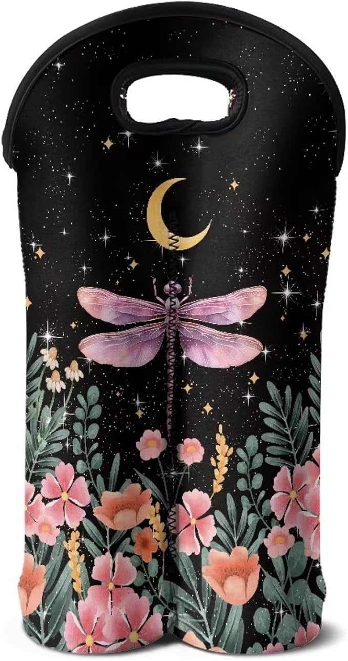 doginthehole Dragonfly Wine Carrier Tote Bag 2 Bottle Insulated Neoprene Wine/Water Bottle Holder Moon Print Wine Carrier Tote Bag Flower Pattern Champagne Carrying Bag Gift for Women Wine Love
