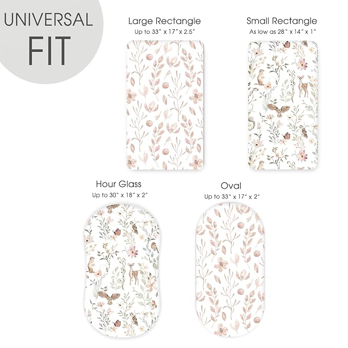 Stretchy Ultra Soft Fitted Bassinet Sheet Set 2 Pack, Universal Fit for Bassinets Baby Cradle Moses Basket Oval Rectangle Mattress Safe and Snug, Beautiful Blush Pink Floral and Cute Animals Print