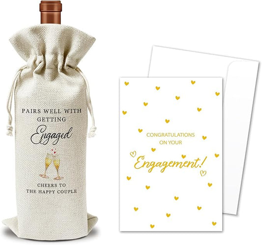 Engagement Wine Gift Bags & Card, Bridal Shower Gift Wedding Gifts for Bride Groom Newlyweds Newly Engaged Couples, 1 pcs Reusable Burlap Wine Gift Bags for Wine Bottles, Wedding Party Favor -06