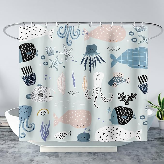 AILONEN Cartoon Ocean Life Shower Curtain for Kids 36" W*72" H Inch,Kawaii Fish Whales Octopuses Pattern Shower Curtain,Ocean Life Theme 12 Pack Hooks Polyester Waterproof Fabric Decor for Bathroom