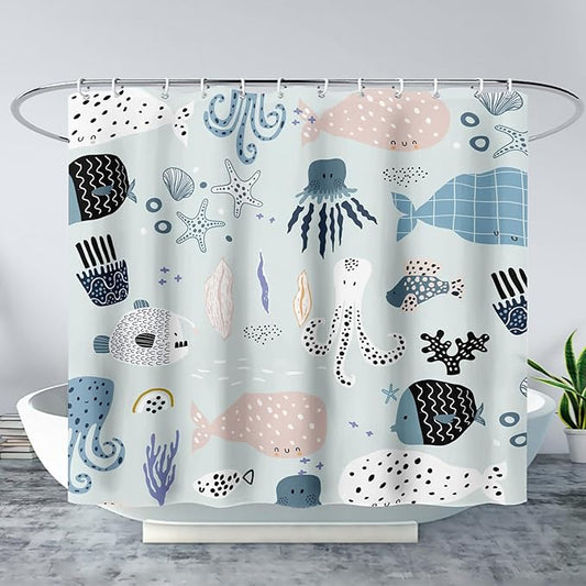 AILONEN Cartoon Ocean Life Shower Curtain for Kids 72" W*72" H Inch,Kawaii Fish Whales Octopuses Pattern Shower Curtain,Ocean Life Theme 12 Pack Hooks Polyester Waterproof Fabric Decor for Bathroom