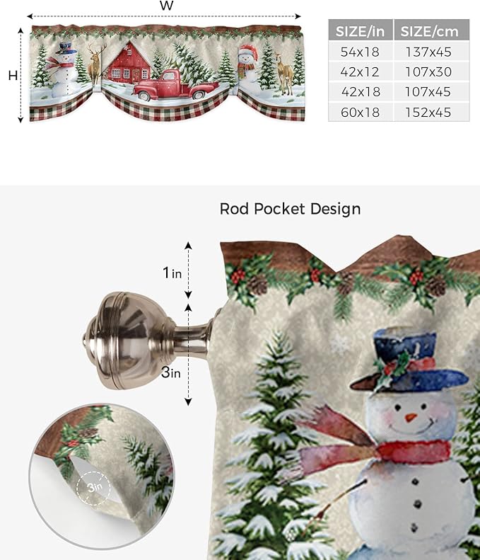 Christmas Farmhouse Blackout Tie Up Valance Curtains for Kitchen Windows Snowman Farm Red Truck Window Toppers Balloon Shades for Living Room/Bathroom/Bedroom,1 Panel,60" X 18" Winter Holiday