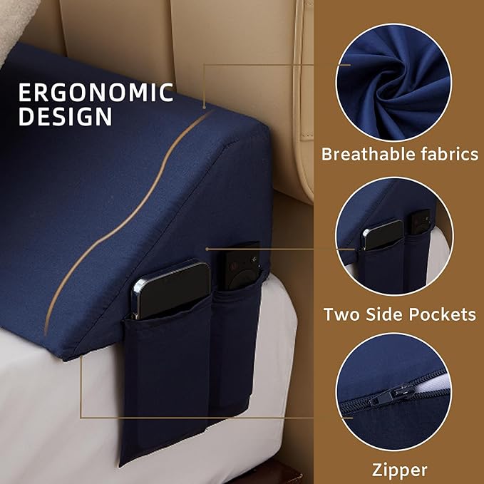 King Bed Wedge Pillow for Headboard, Foam Headboard Pillow, Bed Gap Filler, Mattress Wedge, Mattress Gap Filler King - Fill The Gap (0-7") Between Headboard and Mattress (Navy, 76"x10"x6")