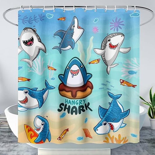AILONEN Cartoon Shark Shower Curtain,Kawaii Donut Shark with Marine Life Bath Curtain Set for Kids Girls Boys,Fish Seaweed Fabric Shower Curtains for Bathroom, 72" W*96" H