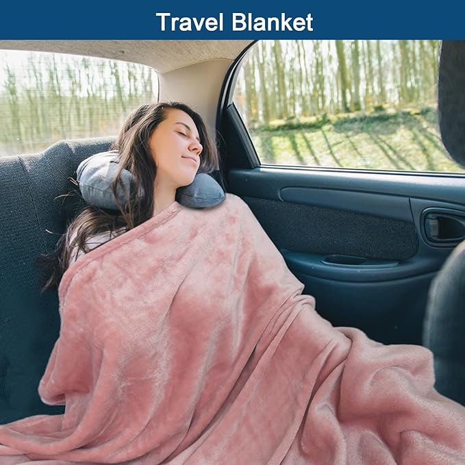 Bnuitland Travel Blanket and Pillow 2 in 1, Soft Flannel Airplane Blanket in Bag Compact-Long Flight Essential for Adults and Kids, Portable Luggage Sleeve and Backpack Clip, 65×40 inch Pink