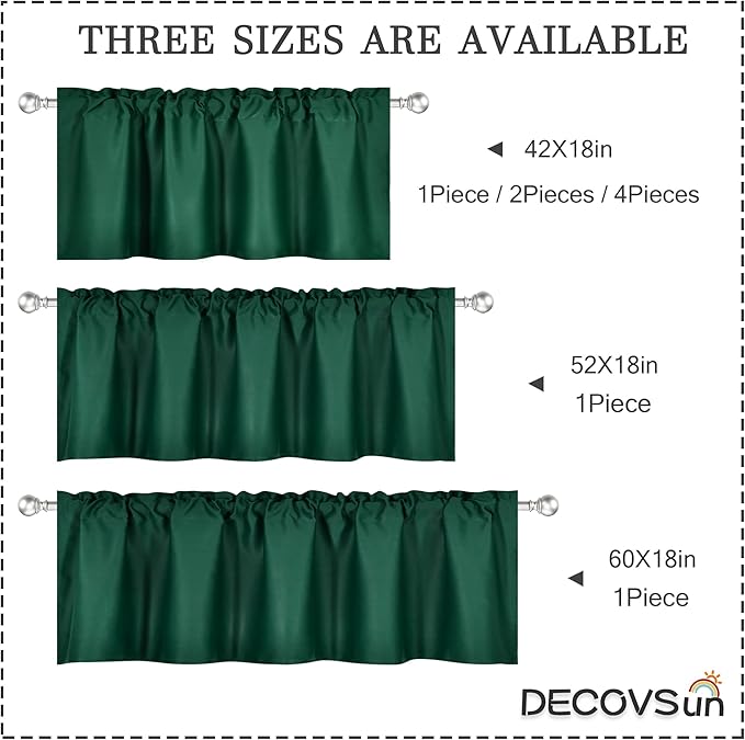 Deep Green Valance for Windows 60x18 Inch Solid Thermal Insulated Blackout Rod Pocket Kitchen Short Curtain Toppers Valance for Bathroom Living Room 1 Panel