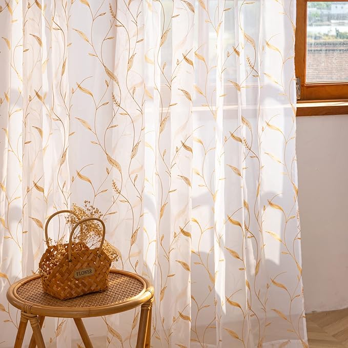 Windows Sheer Curtains Embroider Yellow Leaf 90 Inches Length 2 Panels Voile Light Filtering Sheer Curtains Panel Basic Rod Pocket for Bedroom Living Room Children Room