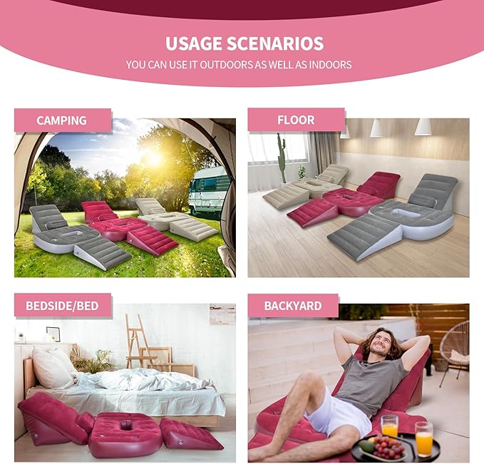 Nevife Inflatable 3pcs Bed Wedge Pillow Set with Hole-Reading Pillow&Back Support,Leg Pain Relief,Adjustable Pillows for Acid Reflux,GERD,Sleeping,Leg,Back Support-Restful Sleep and Travel (red)