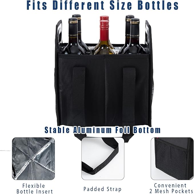 Bottle Wine Carrier Collapsible 6 Bottle Storage Box Reusable Portable Wine Bottle Carrier Case for Tote Bag Moving, Vacation Bottle Caddy Grocery Shopping Wine Tasting Accessory