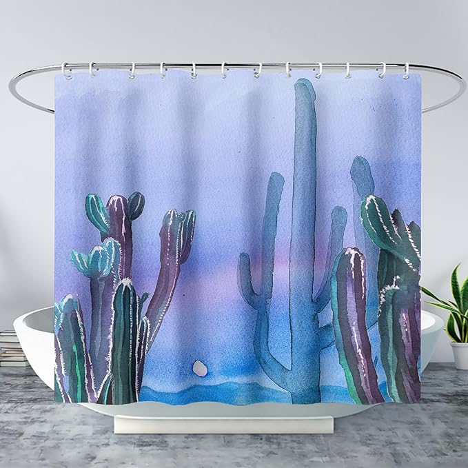 AILONEN Watercolor Cactus Shower Curtain,Blue-Purple Dreamy Theme Bathroom Fabric Shower Curtain for Boys Kids Teens, 36" W*72" H Night Cactus Forest Bathroom Decor
