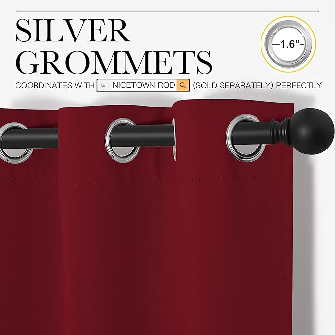 NICETOWN Christmas Short Blackout Curtains for Small Kitchen Window, Thermal Insulated Solid Grommet Blackout Curtains/Drapes for Living Room (1 Pair, 42 by 50 inches, Burgundy Red)