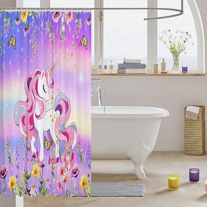 Feelyou Unicorn Bath Curtain Cute Unicorn Shower Curtain Cartoon Unicorn Bathroom Shower Curtain Set for Kids Boys Girls Girl Unicorn Kids Bathroom Accessories 72"x78"