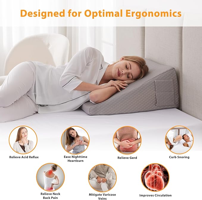 Bed Wedge Pillow for Sleeping, 10" Wedge Pillows for After Surgery, Soft Memory Foam Top, Triangle Pillow Wedge, Body Positioners for Leg Elevation, Acid Reflux, Gerd, Snoring Relief, Grey