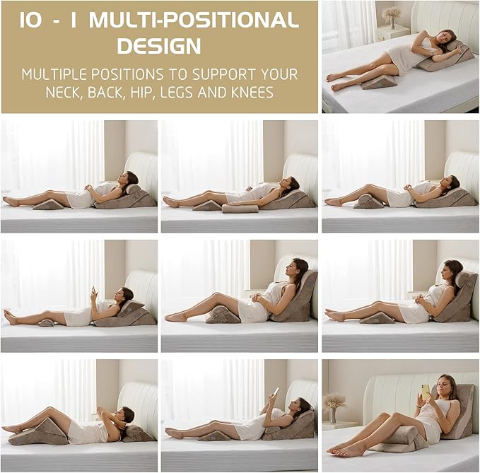 Qirroboni 4PCS Orthopedic Bed Wedge Pillow Set, Adjustable Pillows for Neck, Back and Leg Pain Relief Comfortable & Post Surgery Foam - Heartburn, Anti Snoring, Acid Reflux & GERD Sleeping Brown