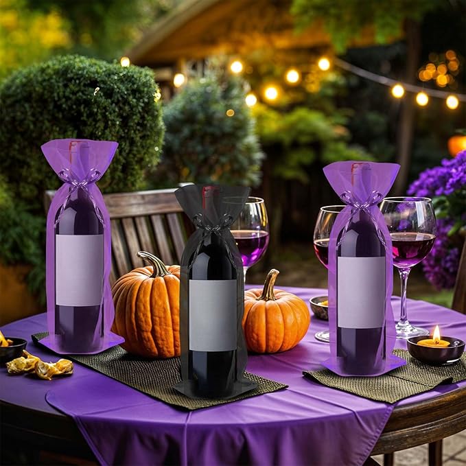 Megitzuu 20 Pieces Organza Wine Bags, 14.6 x 5.5 Inch Wine Gift Bag with Drawstring Sheer Mesh Wine Gift Pouches Bottle Covers for Halloween Christmas Wedding Party Favors (Black+Purple)