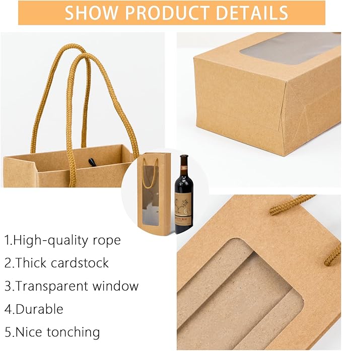 Ssyuysto 12 Pcs Wine Gift Bag with Window, 12 Pack 4.9"x3.34"x 14.1" Tall Paper Wine Bags for Wine Bottle, Brown Gift Bag for New Year Birthday Housewarming Dinner Party