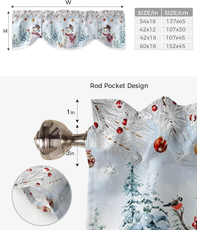 Snowman Blackout Tie Up Valance Curtains for Kitchen Windows Blue Merry Christmas Tree Red Balls Squirrel Window Toppers Balloon Shades for Living Room/Bathroom/Bedroom,1 Panel, 54" X 18", Winter