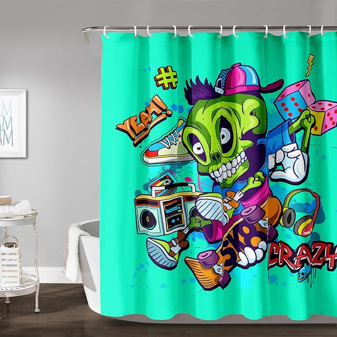 AILONEN Skate Skull Shower Curtain for Bathroom,Green Hip Hop Sport Skull Art Bathroom Curtain for Kids Girls Teen,Bath Curtain 60" W*72" H Polyester Waterproof Bathroom Curtain with 12 Hooks