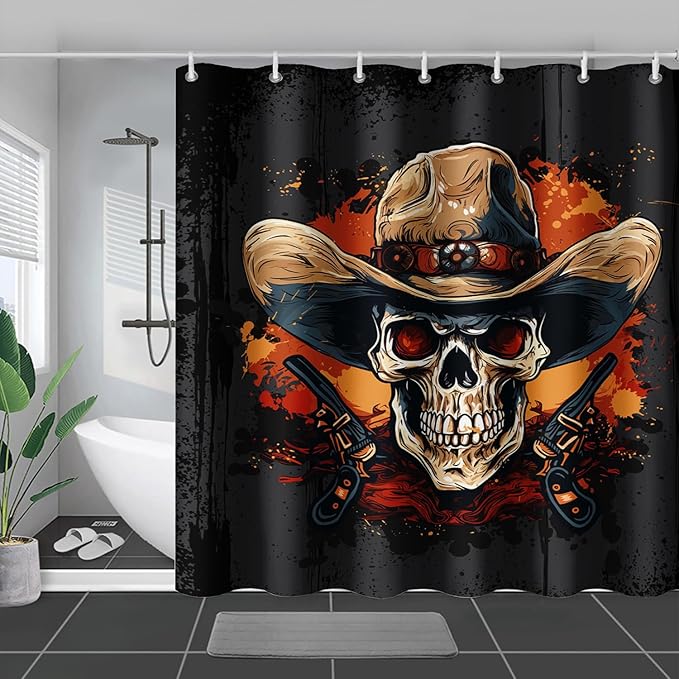 AILONEN Gothic Skull Shower Curtain for Bathroom,Graffiti Fire Gun Skull Black Art Bathroom Curtain for Kids Girls Teen,Bath Curtain 60" W*72" H Polyester Waterproof Bathroom Curtain with 12 Hooks