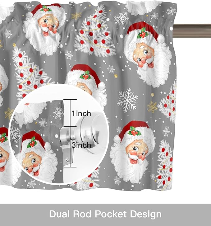 Grey Christmas Valance Curtains for Kitchen Windows Santa Claus Merry Christmas Tree Rod Pocket Window Treatment Toppers for Kitchen/Living Room/Bedroom/Bathroom, 42" X 12", Winter Snowflake
