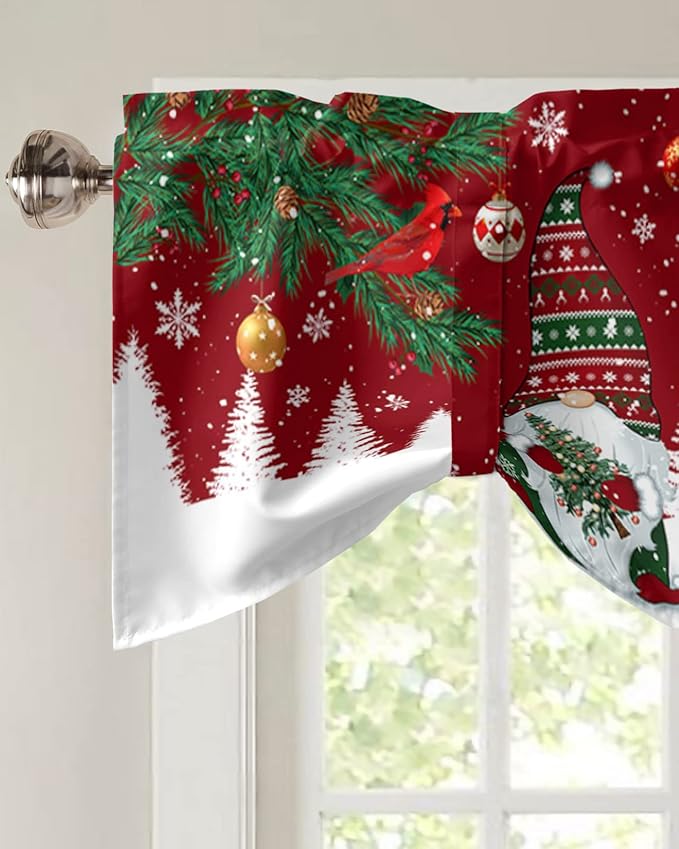 Christmas Gnomes Blackout Tie Up Valance Curtains for Kitchen Windows Red Winter Holidays Window Toppers Balloon Shades for Living Room/Bathroom/Bedroom,1 Panel,42" X 12" White Snowflakes Xmas Trees