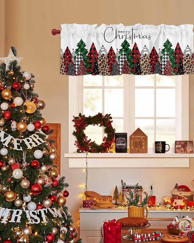 Merry Christmas Valance Curtains for Kitchen Windows Buffalo Plaid Xmas Tree Winter Forest Farmhouse Rod Pocket Window Treatment Toppers for Kitchen/Living Room/Bedroom/Bathroom, 42" X 18",Red Green