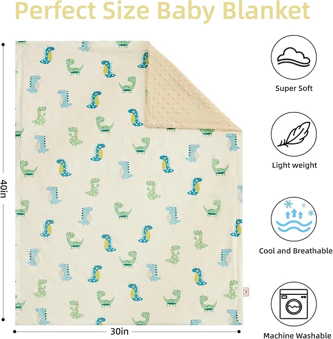 Baby Blanket for Boys Girls Super Soft Blanket,Fluffy Cool Lightweight Baby Receiving Blankets,Double Layer with Dotted Backing for Toddler Nursery (Green, dinosaur30*40in)