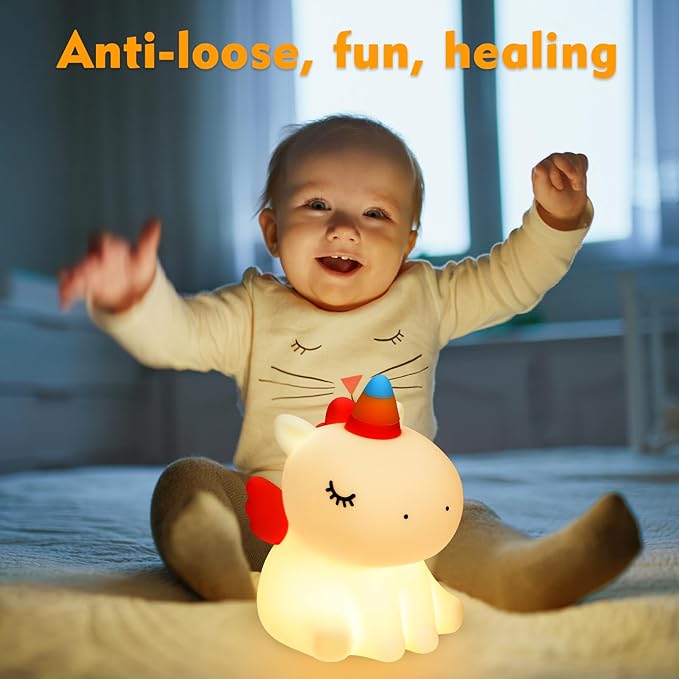Unicorn Night Light for Kids, 3 Level Dimmable Cute Night Lamp for Girls, Led Rechargeable Squishy Silicone Small Nightlight Decor Gifts for Baby Nursery Toddler Bedroom