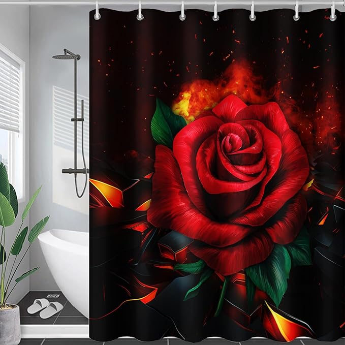 AILONEN Red Rose Shower Curtain for Bathroom, 3D Print Romantic Flower Bath Curtain,Modern Botanical Flame Fire Rose Flower Waterproof Shower Curtain Decoration with 12 Plastic Hooks, 60" W*72" H