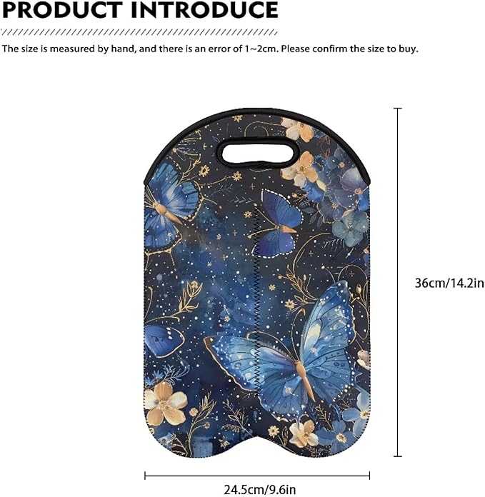 doginthehole Neoprene Wine Tote 2 Bottle Aesthetic Blue Butterfly Floral Wine Carrier Bag with Carry Handle for Travel, Portable Wine/Champagne/Beer/Water Bottle Carrier Bag