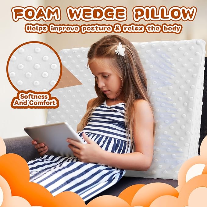 BlissfulAbode Wedge Pillow for Kids,Memory Foam for Back,Legs & Knees, Relaxation and Comfort, Soft and Breathable, Dot Texture Pillow for Reading Watching TV Gaming Sleeping, Fit for Sofa Floor Room