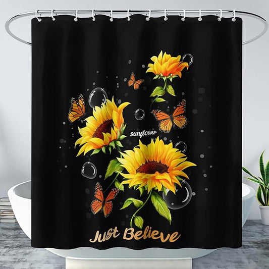 AILONEN Sunflower Shower Curtain for Bathroom,Butterfly Sunflower Bath Curtain Waterproof,Garden Yellow Flower Decor Bathroom Black Curtain with 12 Plastic Hooks, 72" W x 78" H