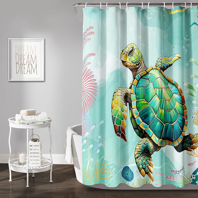 AILONEN Cute Sea Turtle Shower Curtain,Cartoon Turtle with Water Plant Shower Curtain Set for Bathroom,Kawaii Ocean Animal Theme Waterproof Fabric Shower Curtain with Hooks,48" W*72" H
