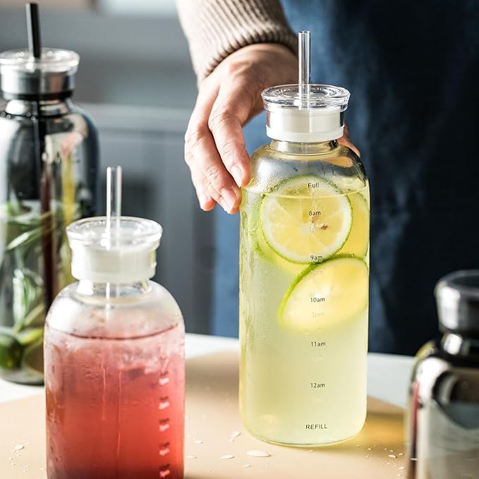 Glass water bottle With Time Marker -24oz with 2 caps and straw,Reusable Glass Drinking Bottles，Suitable For Drinks, Juices, Sodas, Coke, As Gifts Etc (Smoky 24oz)