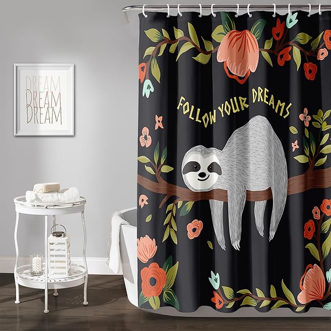 AILONEN Kawaii Sloth Shower Curtain for Bathroom Decor,Floral Sloth Bath Curtain for Kids Boys Girls,Polyester Waterproof 72" W*96" H with 12 Plastic Hooks