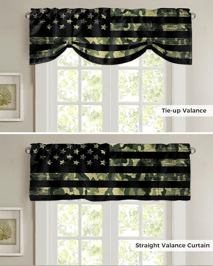 Rustic Green Camo Military Pattern American Flag Blackout Tie Up Valance Curtains for Kitchen Windows Camouflage Window Toppers Balloon Shades for Living Room/Bathroom/Bedroom,1 Panel,42" X 18"