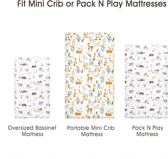 PHF Soft Mini Crib Sheet Set, 2 Pack Silky Comfy Pack N Play Sheets for Boys Girls, Universal Fit for Pack N Play, Playard and Mini Crib Mattresses, Woodland