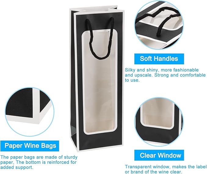 uxcell Wine Bags, 20pcs 4.92"x3.35"x14.2" Wine Gift Bags with Rope Handles, Paper Wine Tote Bag with Clear Window for Wedding Birthday Christmas Party Supplies, Black White