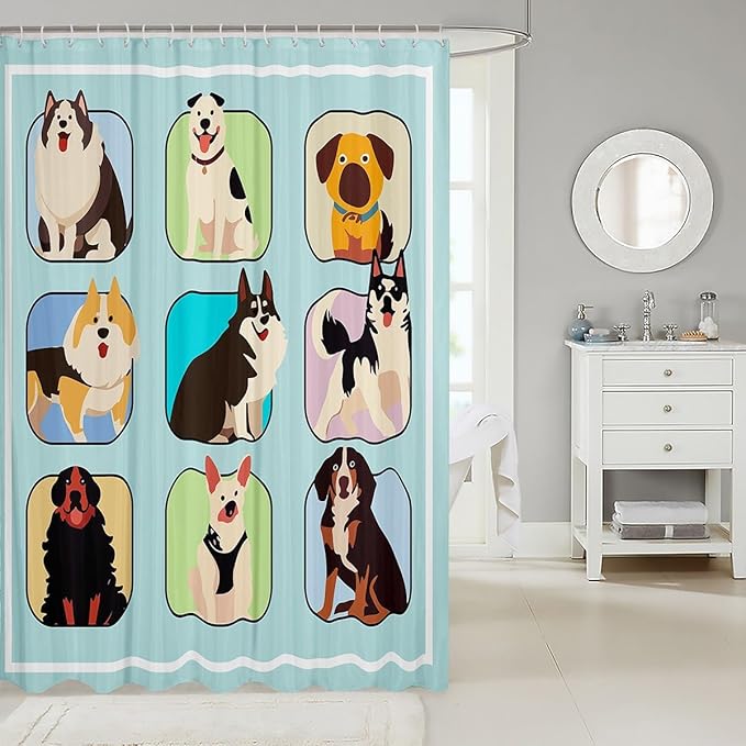 Feelyou Dog Shower Curtain Cartoon Dog Bath Curtain for Kids Toddler Boys Girls Cute Dog Bathroom Shower Curtain Set Sausage Dog Kids Bathroom Accessories 72"x78"