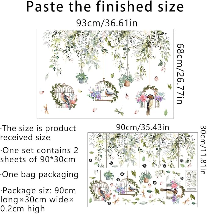 Vine Bird Wall Decals Green Plant Birdcage Wall Stickers Birds and Hanging Birdcage Wall Decor for Kids Girls Baby Boys Bedroom Living Room Bathroom Playroom Classroom Nursery Decoration